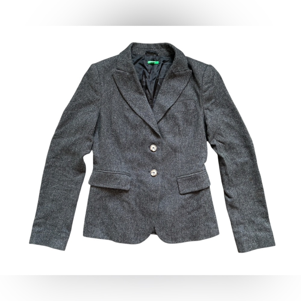 Benetton Vintage Gray Wool Silk Blend Blazer Jacket S 38 Y2K Preppy Academia